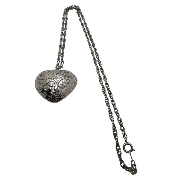 Romantic Puff Heart Pendant Necklace Ornate Scroll Embossed Twisted Rope Chain - Picture 3 of 7